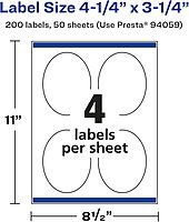 Avery Glossy White Oval Labels, Sure Feed Technology, 4.25" x 3.25"