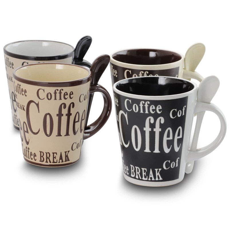 Mr. Coffee Mug And Spoon Set, Bareggio, 12 Oz., Taupe/Black, Set Of 4 Mugs With Matching Spoons