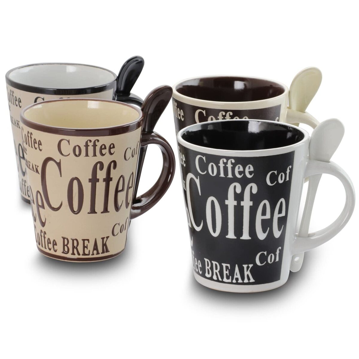 Mr. Coffee Mug And Spoon Set, Bareggio, 12 Oz., Taupe/Black, Set Of 4 Mugs With Matching Spoons