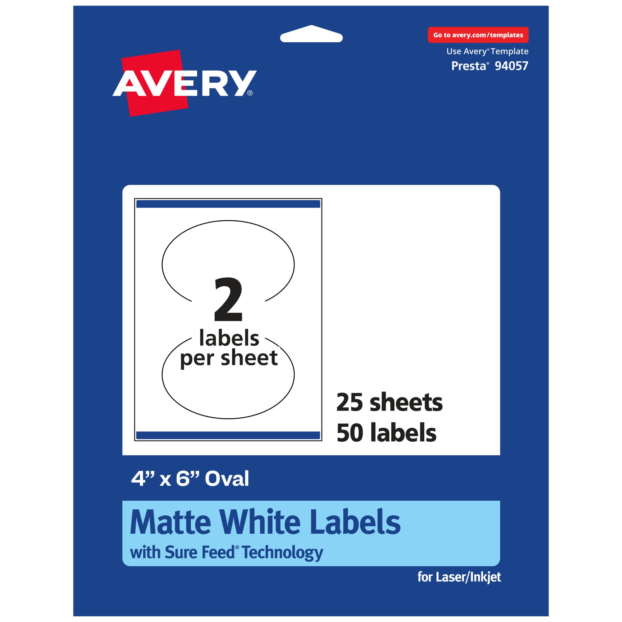 Avery Matte White Oval Labels, Sure Feed Technology, 4" x 6"