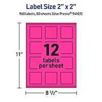 Avery Printable Square Labels, Sure Feed Technology, 2" x 2", Neon Magenta, Print-to-the-Edge, Laser/Inkjet