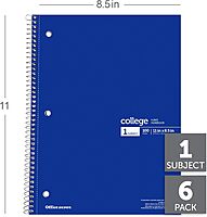 Office Depot® Wirebound Notebooks, 8 1/2" x 11", 1 Subject, College Ruled, 100 Sheets, Assorted Colors, Pack Of 6 Notebooks