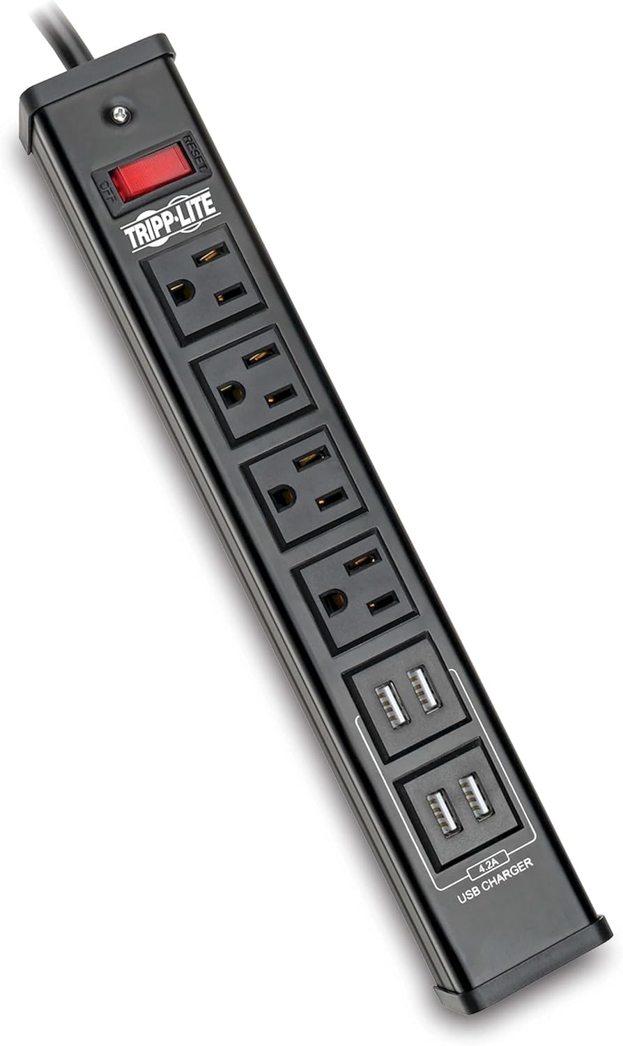 Tripp Lite 4 Outlet Surge Protector Power Strip, 6ft Cord, 450 Joules, 4 USB Charging Ports, Led, 10K Insurance (TLM446USBB)