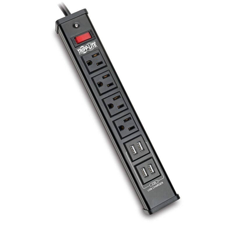 Tripp Lite 4 Outlet Surge Protector Power Strip, 6ft Cord, 450 Joules, 4 USB Charging Ports, Led, 10K Insurance (TLM446USBB), 14.25in. X 4.75in. X 2.00in Black