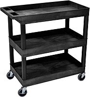 LUXOR EC111-B Heavy Duty Plastic Utility Cart, 32" x 18" Rolling Tub Cart with Three Shelves, 300 lbs. Capacity, Ergonomic Push Handle, Black 1 Pack Black
