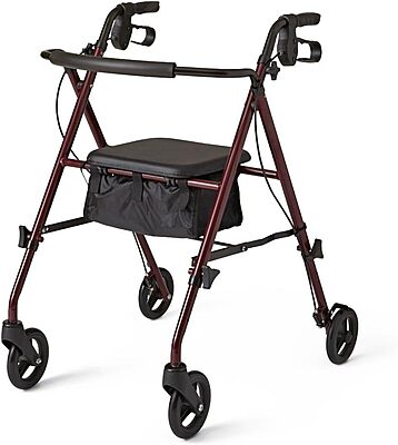 Medline Adjustable Steel Rollator With Seat, 36in x 17in, Burgundy