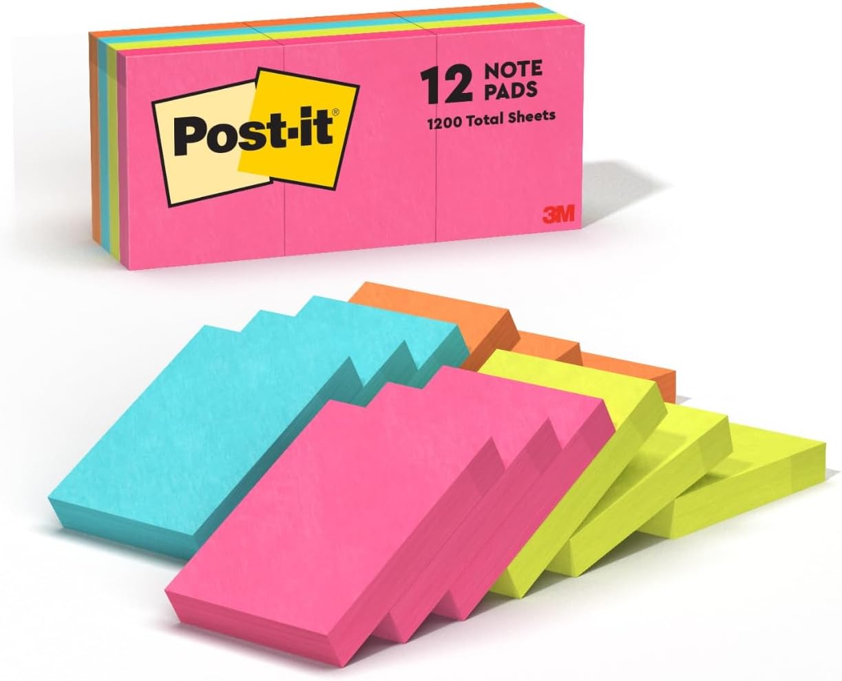 Post-it Mini Notes, 1 3/8 in. x 1 7/8 in., 12 Sticky Notes Pads, 100 Sheets per Pad, Poptimistic Collection