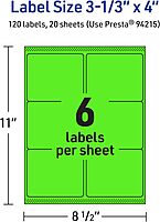 Avery Printable Rectangle Labels, Sure Feed Technology, 3-1/3" x 4", Neon Green, Laser/Inkjet Printable