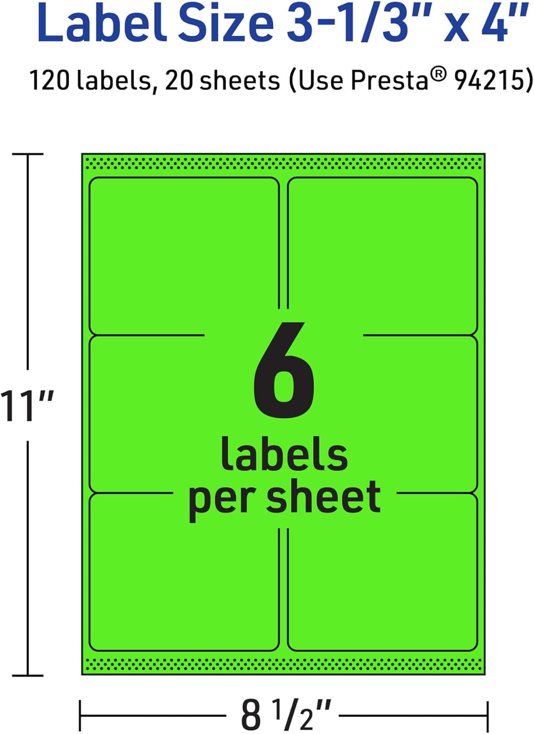 Avery Printable Rectangle Labels, Sure Feed Technology, 3-1/3" x 4", Neon Green, Laser/Inkjet Printable