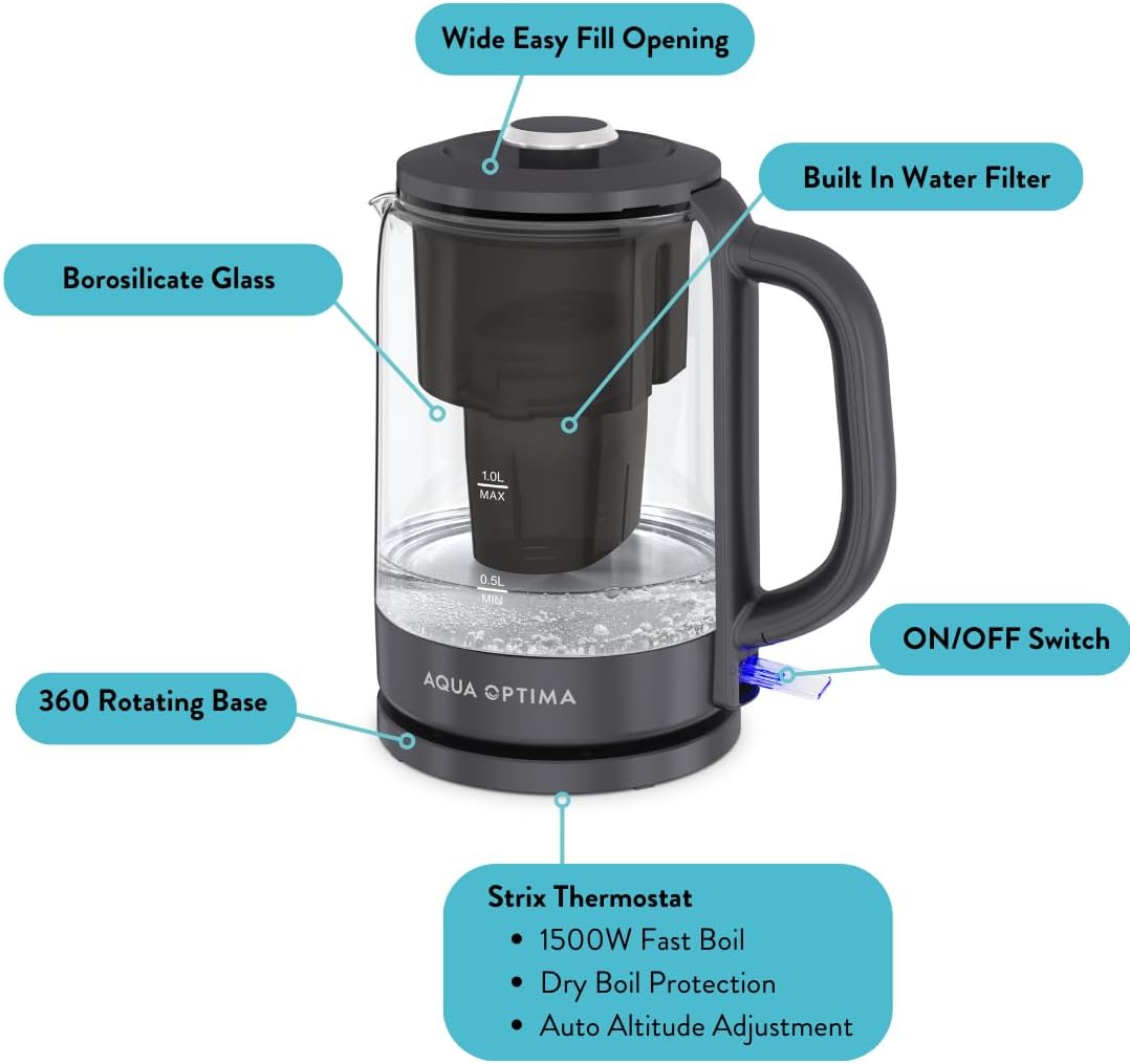 Aqua Optima Electric Kettle with Water Filter, 1500W 1.7L, Black