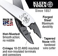 Klein Tools J1005 Crimping and Cutting Tool, Made in USA, Tapered Nose for 10 to 22 AWG Solderless Terminals and Connectors