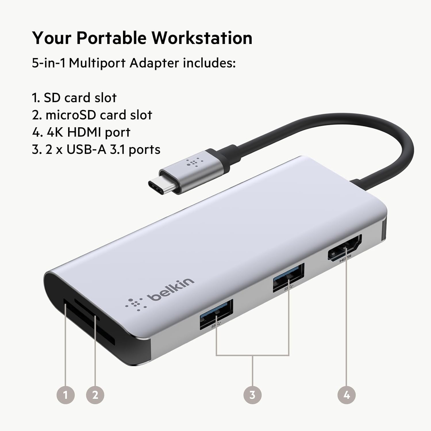 Belkin USB-C MultiPort Docking Station with 4K HDMI, SD & microSD Card Readers and USB-A Ports