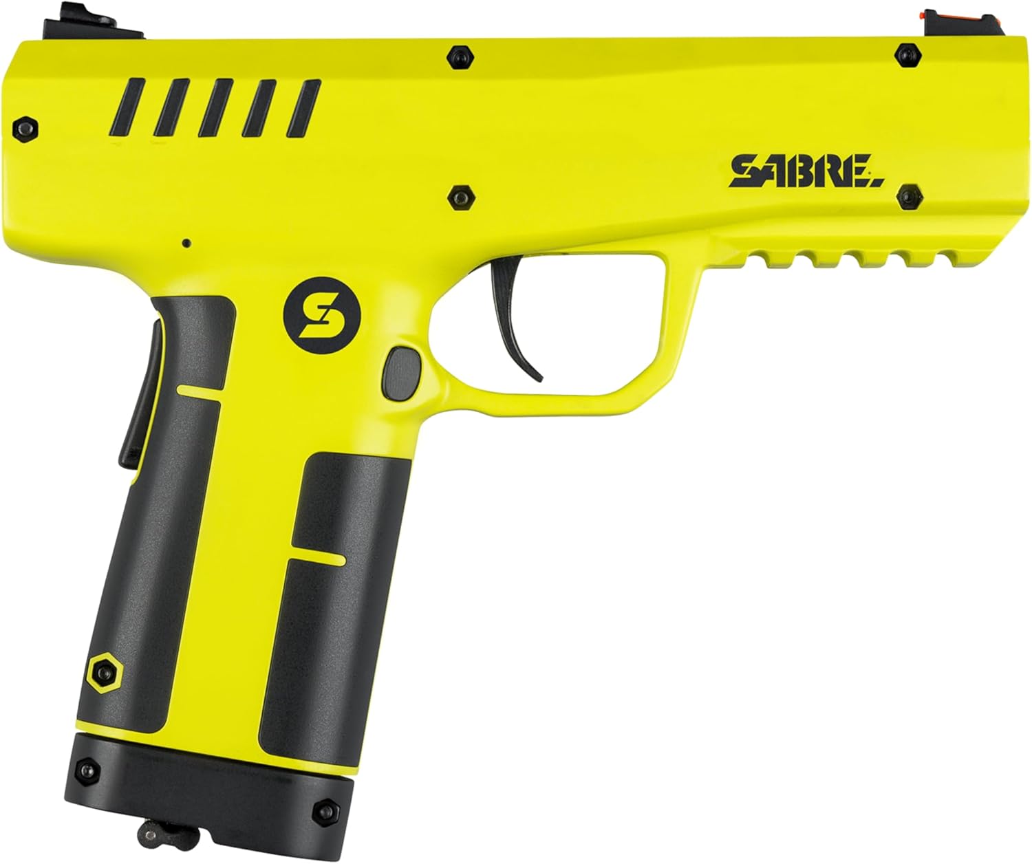 SABRE Pepper Projectile Launcher, Home Defense. Mag holds 7 .68 Caliber projectiles, Adjustable Fiber Optic Sights