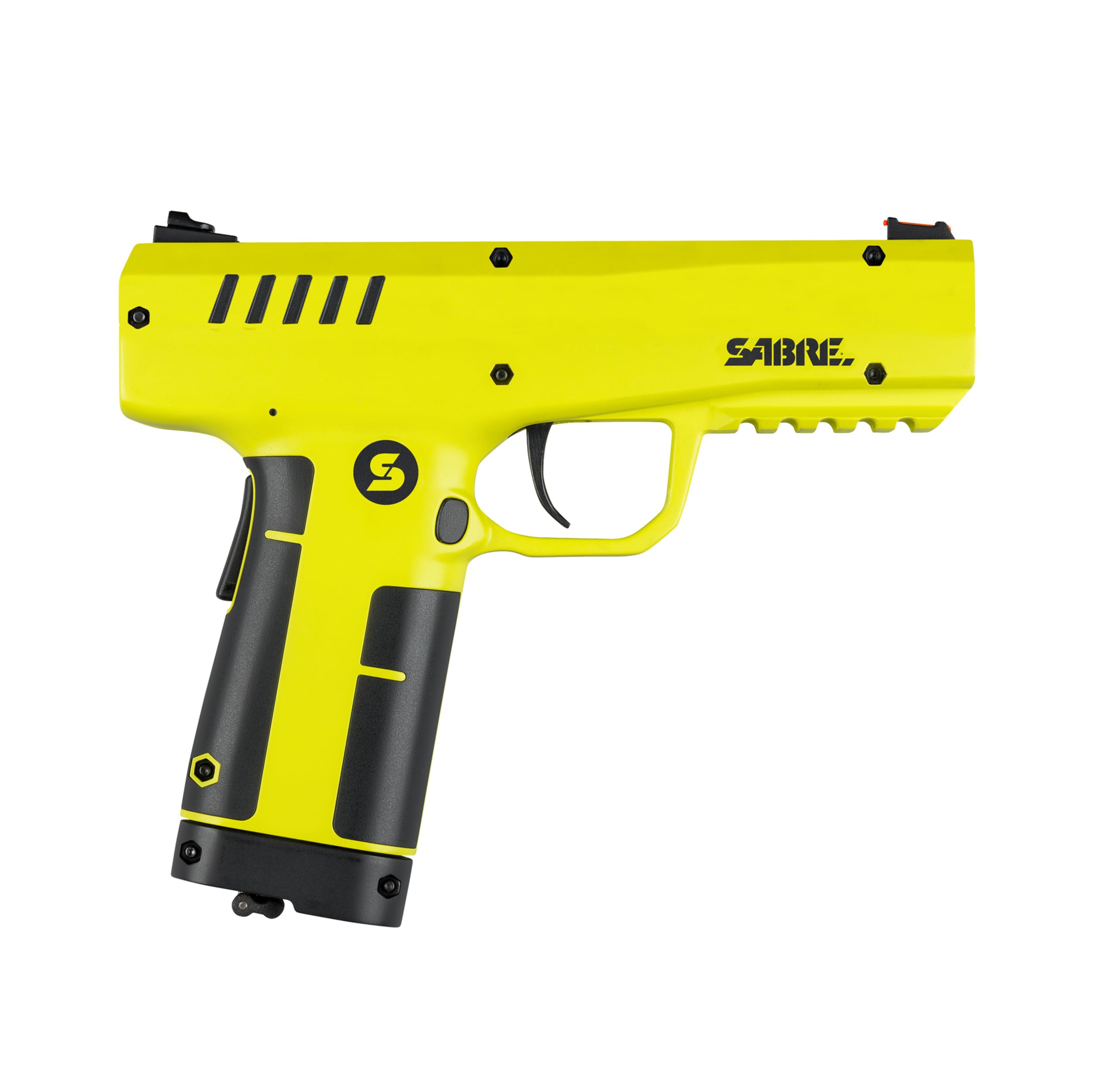 SABRE Pepper Projectile Launcher, Home Defense. Mag holds 7 .68 Caliber projectiles, Adjustable Fiber Optic Sights