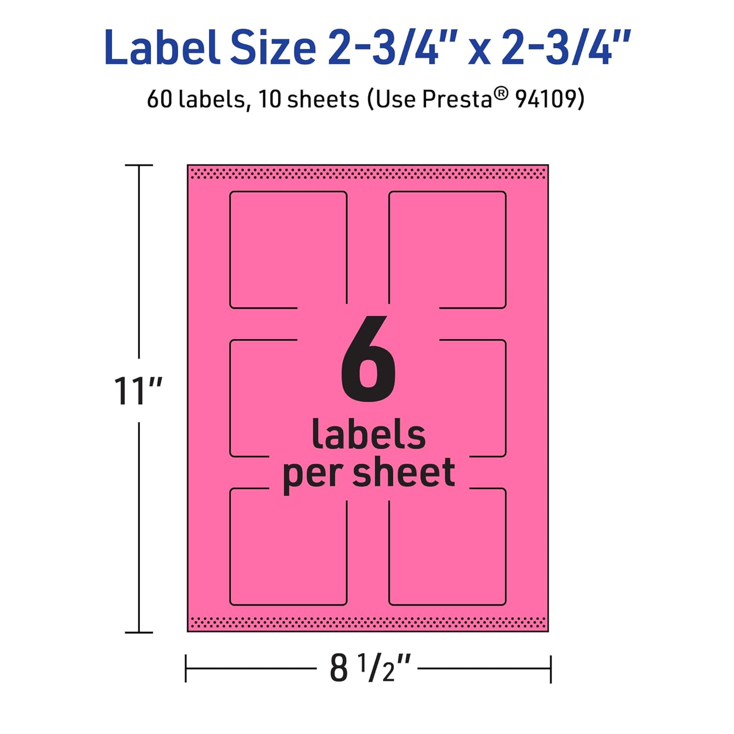 AVERY Bright Pink Square Labels, 2-3/4 in, Print-to-the-Edge, Sure Feed