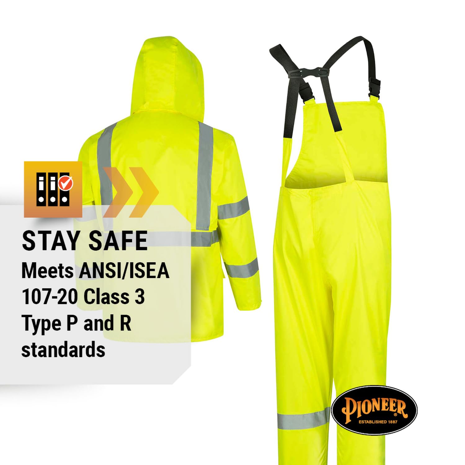 Pioneer High Visibility Rain Gear Safety Jacket and Bib Pants – Hi Vis Waterproof Reflective PVC Work Suit for Men