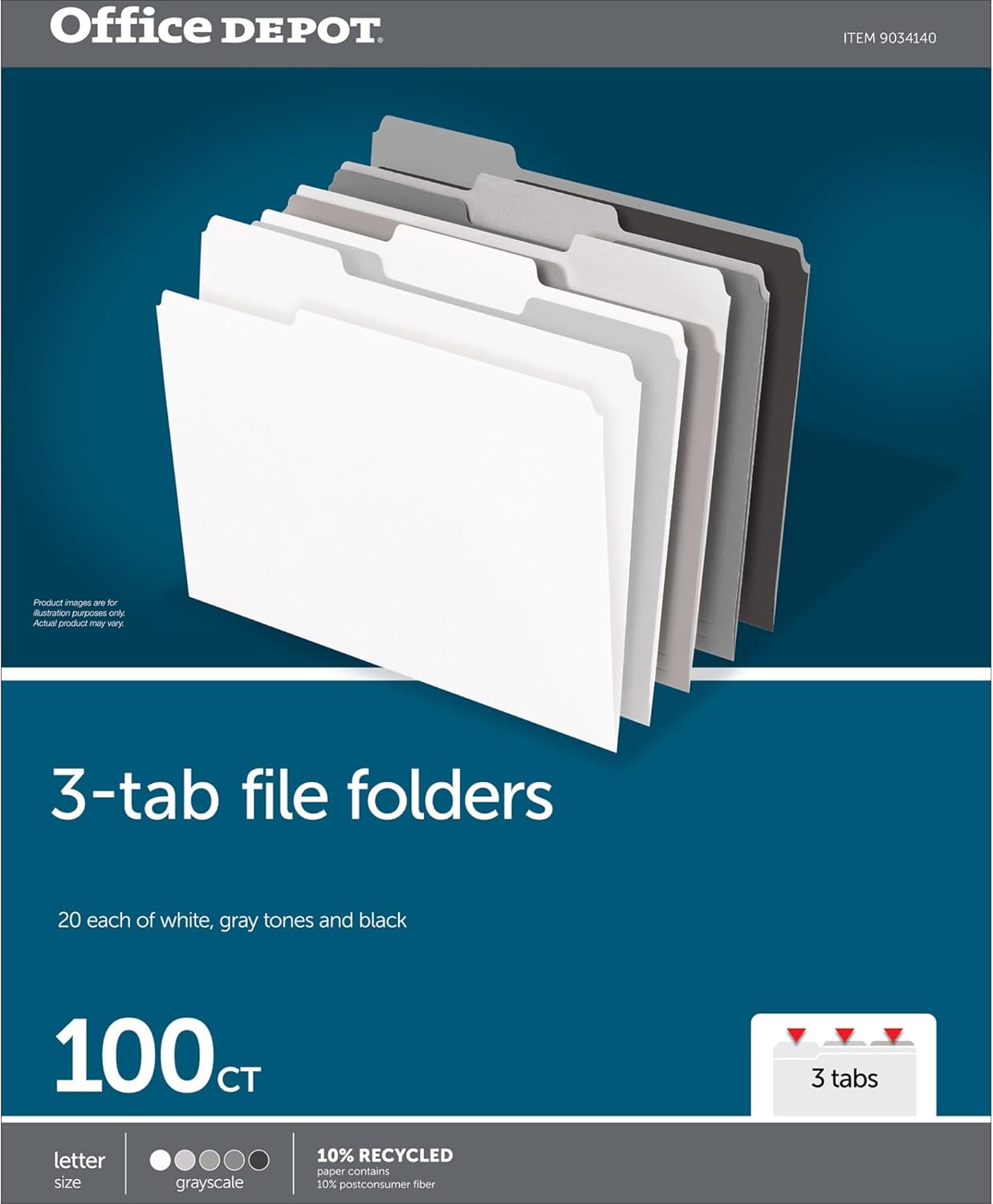 Office Depot® Brand File Folders, 1/3 Cut, Letter Size, Assorted Grayscale Colors, Box of 100 Folders