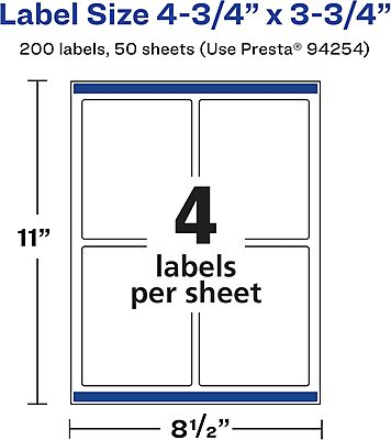Avery Matte White Rectangle Labels, Sure Feed Technology, 4.75" x 3.75", 200 Labels