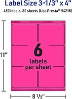 AVERY Printable Rectangle Labels, Sure Feed Technology, 3-1/3" x 4", Neon Magenta