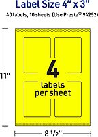 Avery Printable Rectangle Labels, Sure Feed Technology, 4" x 3", Neon Yellow, Print-to-The-Edge