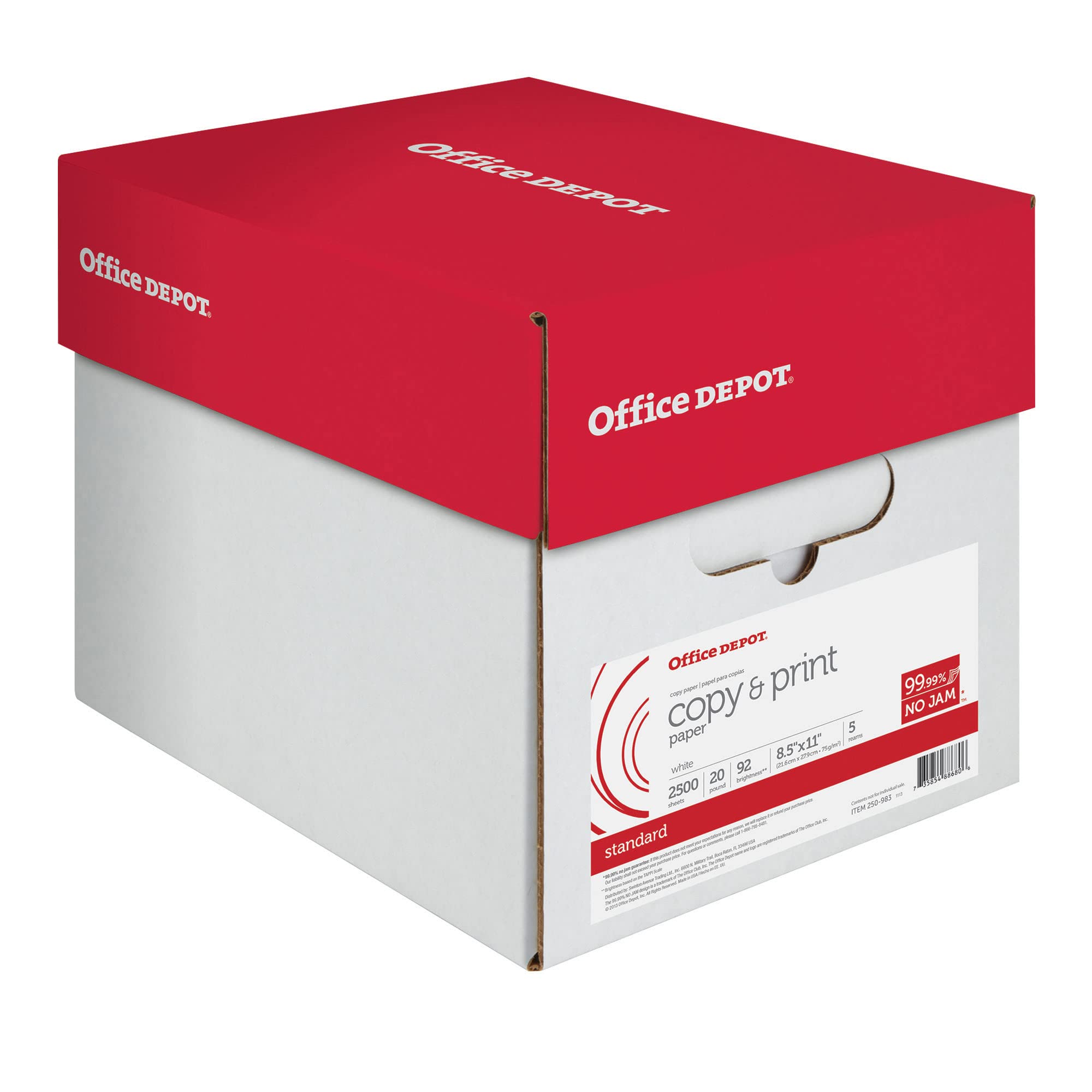Office Depot Multi-Use Printer & Copy Paper, 5 Reams, White, Letter (8.5in x 11in), 2500 Sheets Per Case, 20 Lb