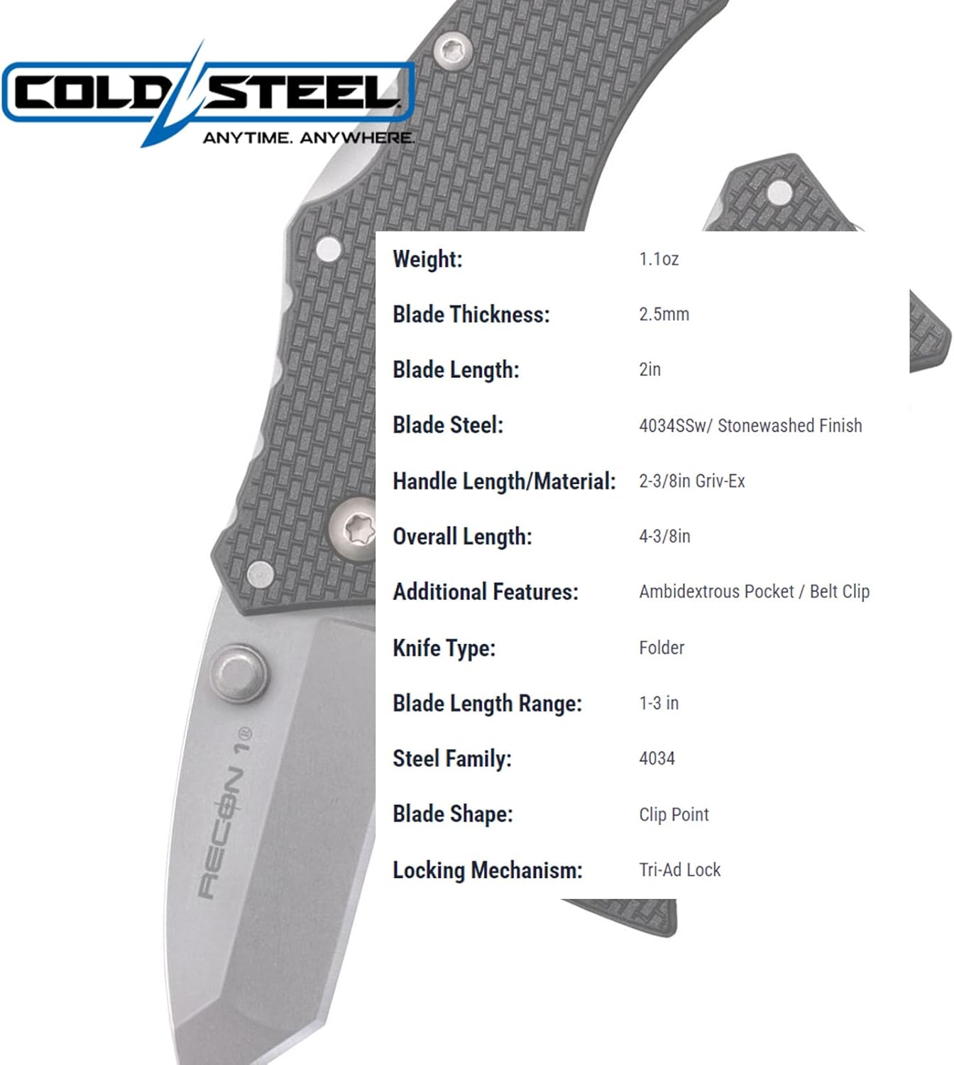 COLD STEEL Micro Recon 1 2" 4034 SS Folding Knife - Griv-Ex Handle, Tri-Ad Lock