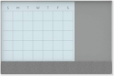 U Brands 3N1 Magnetic Glass Dry-Erase Monthly Calendar Board, White/Gray Surface, White Aluminum Frame