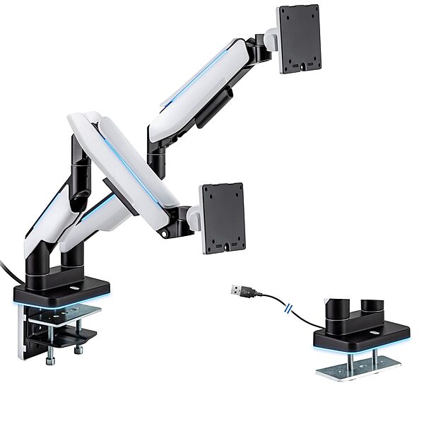 Mount-It! Heavy Duty Dual Monitor Arm up to 35 in. 44 lbs Screens, RGB Lights, 75x75 100x100 VESA Desk Mount for 2 Widescreen Curved Monitors 27 32 34 35 inches, Gas Spring, Clamp, Grommet, RGB Lights