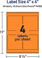 Avery Printable Square Labels, Sure Feed Technology, 4" x 4", Bright Orange