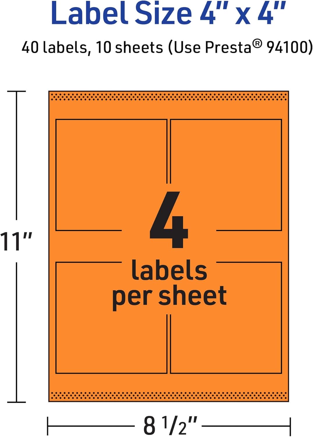 Avery Printable Square Labels, Sure Feed Technology, 4" x 4", Bright Orange