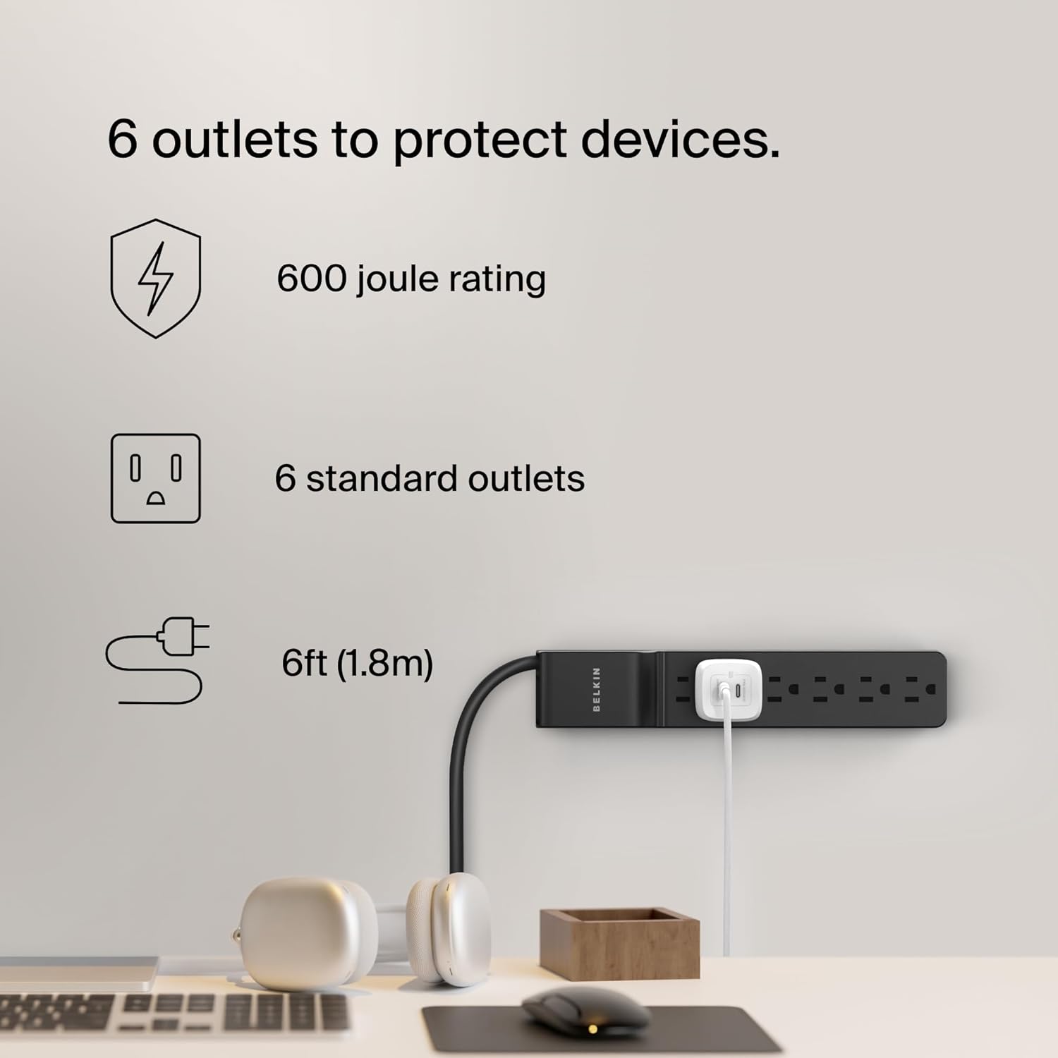 Belkin 6-Outlet Surge Protector Power Strip with 6 ft Heavy-Duty Cord