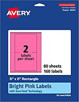 AVERY Printable Rectangle Labels, Sure Feed Technology, 5" x 6", Bright Pink, Laser/Inkjet Printable