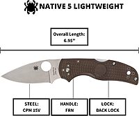 Spyderco Native5 Lightweight Folding Knife - CPM 15V Steel Blade with FRN Handle, 2.95" Blade Length, Brown, PlainEdge - C41PBN15V5