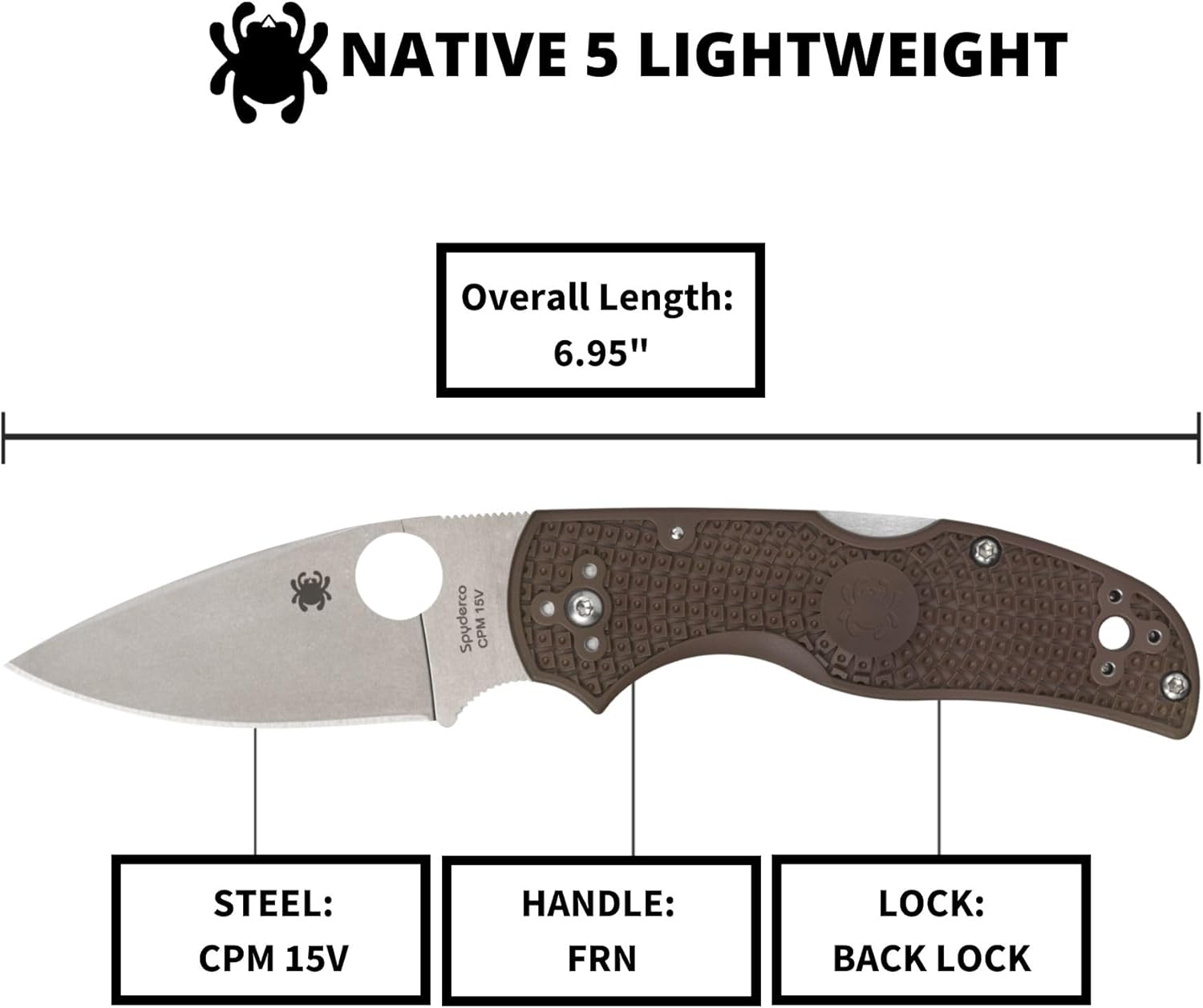 Spyderco Native5 Lightweight Folding Knife - CPM 15V Steel Blade with FRN Handle, 2.95" Blade Length, Brown