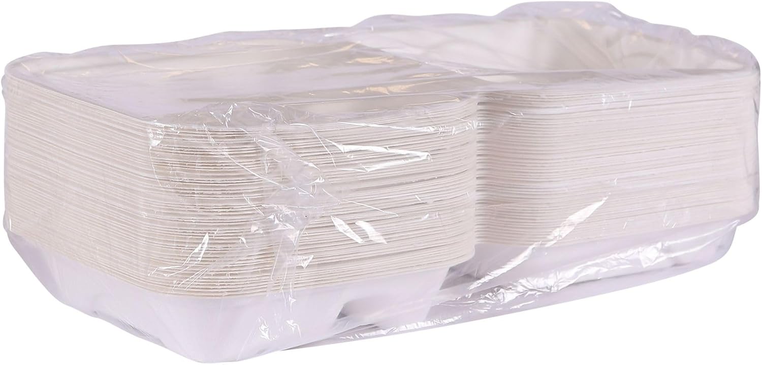ECO PRODUCTS Compostable 8" Clamshell To Go Containers, Case of 200, 3 Compartment, Square Take Out Food Box