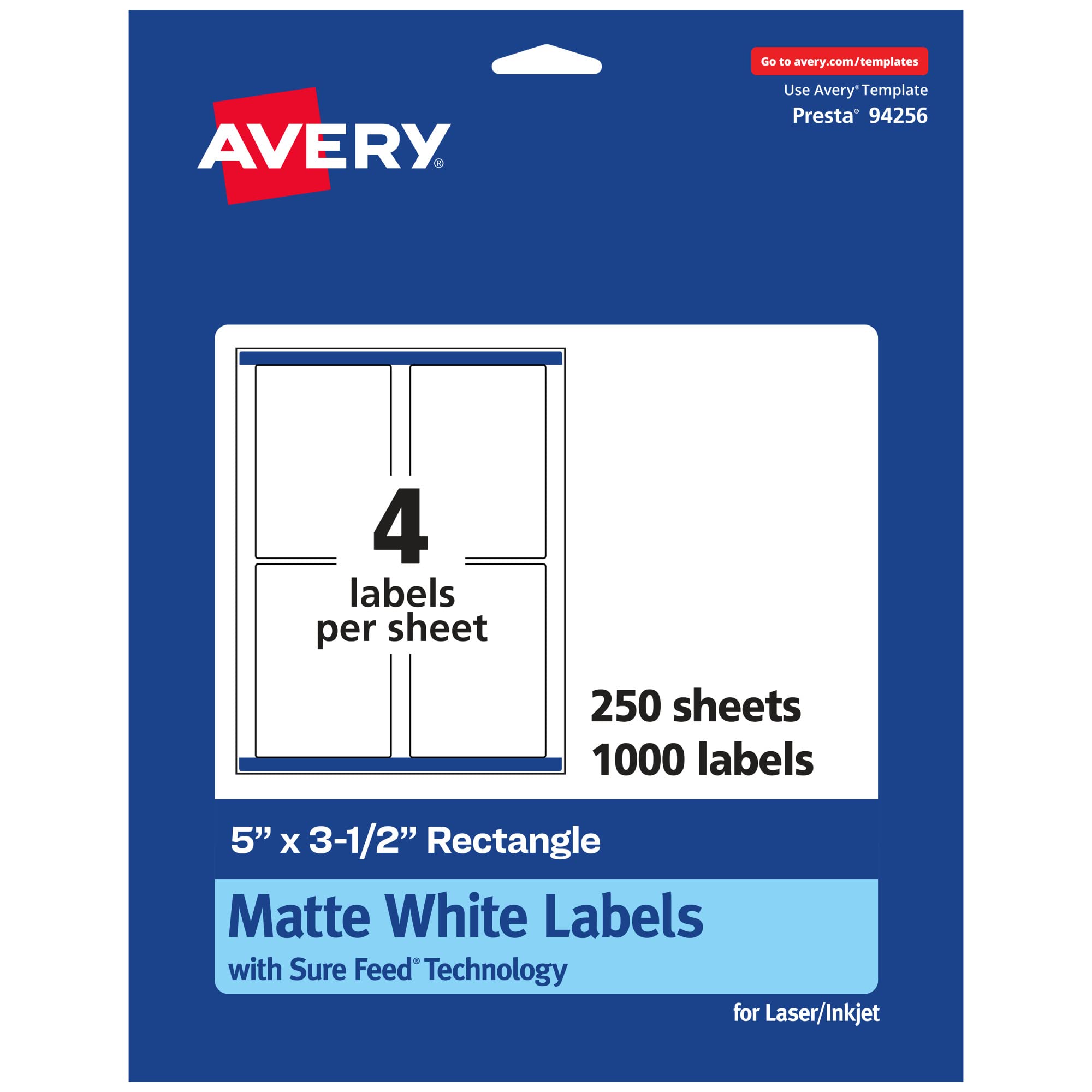 Avery Matte White Rectangle Labels, Sure Feed Technology, 5 x 3.5 in.