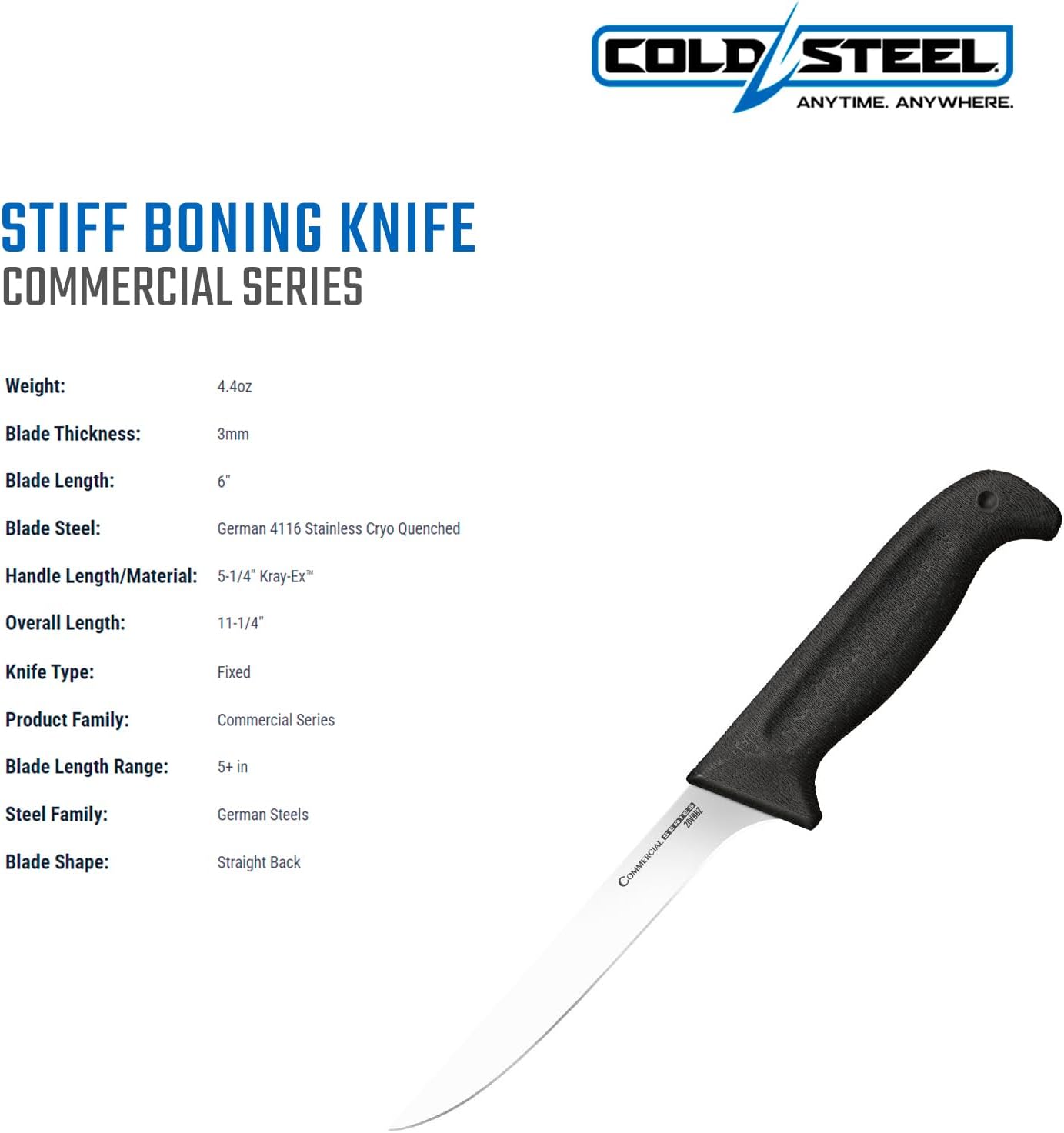 Cold Steel Commercial Series 6" Stiff German 4116 Stainless Steel Fixed Blade Narrow Straight Back Game & Fish Processing