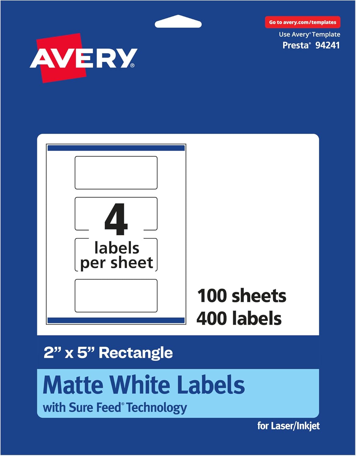 Avery Matte White Rectangle Labels with Sure Feed, Permanent Adhesive, 2in x 5in