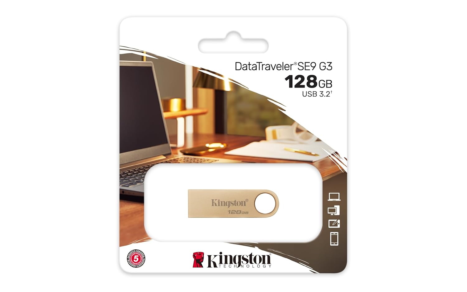 Kingston DataTraveler SE9 Gen 3-128GB - 220MB/s Read - Metal - USB 3.2 Gen 1 - Gold