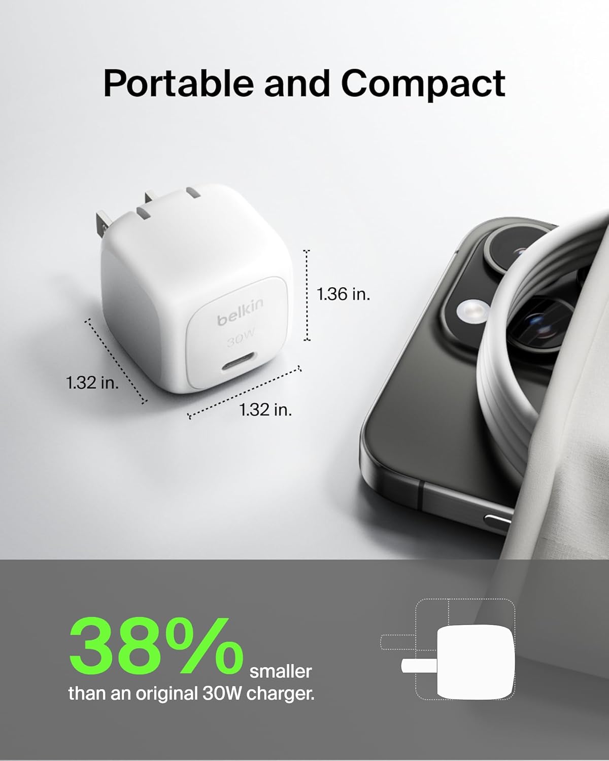 Belkin USB C Charger Block 30W, USB-C PD Super Fast Charging for Apple iPhone 16, 15, 14, Samsung Galaxy S25, Galaxy S24