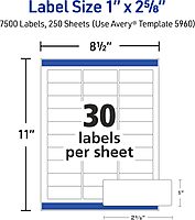 Avery Easy Peel Printable Address Labels with Sure Feed, 1" x 2-5/8" Customizable Stickers, White, 7,500 Blank Mailing Labels, Great for Mailing, Shipping, and More (5960) 7500 labels