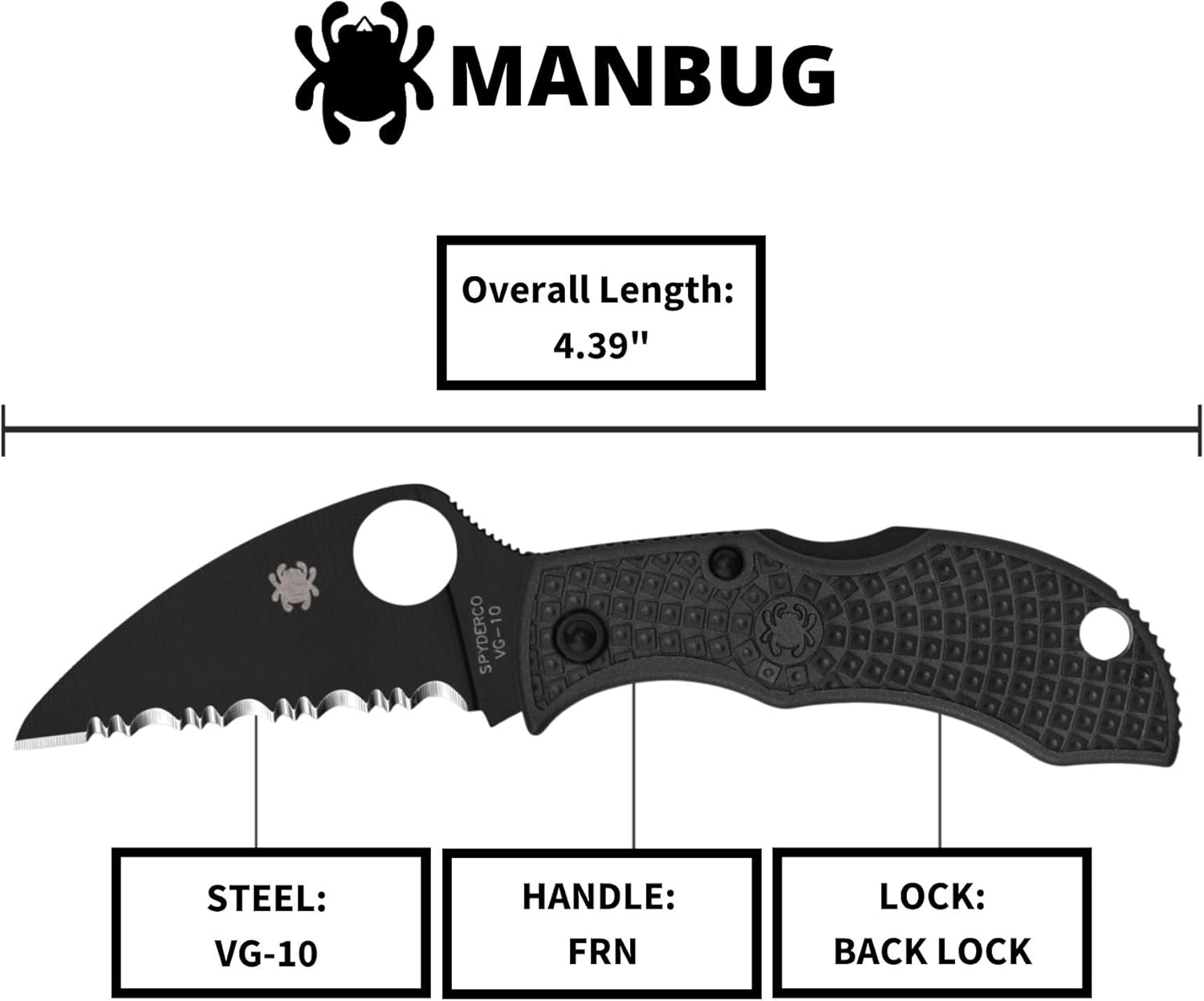 Spyderco Manbug Wharncliffe Folding Knife - VG-10 Steel with TiCN Blade Coating, FRN Handle, SpyderEdge - MBKWSBK
