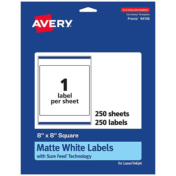 Avery Matte White Square Labels, Sure Feed Technology, 8" x 8"