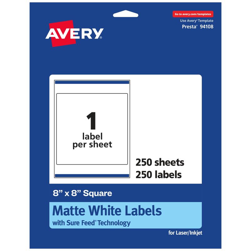 Avery Matte White Square Labels, Sure Feed Technology, 8" x 8"