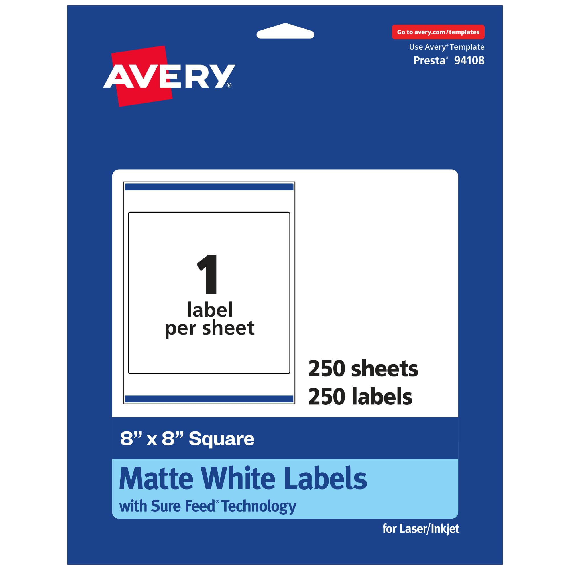 Avery Matte White Square Labels, Sure Feed Technology, 8" x 8"