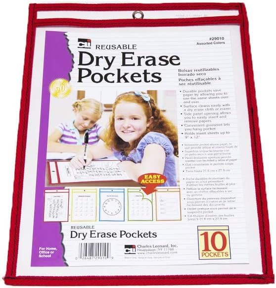 Charles Leonard Dry Erase Pockets, 9" x 12", Assorted Colors, Set of 30 (29030)