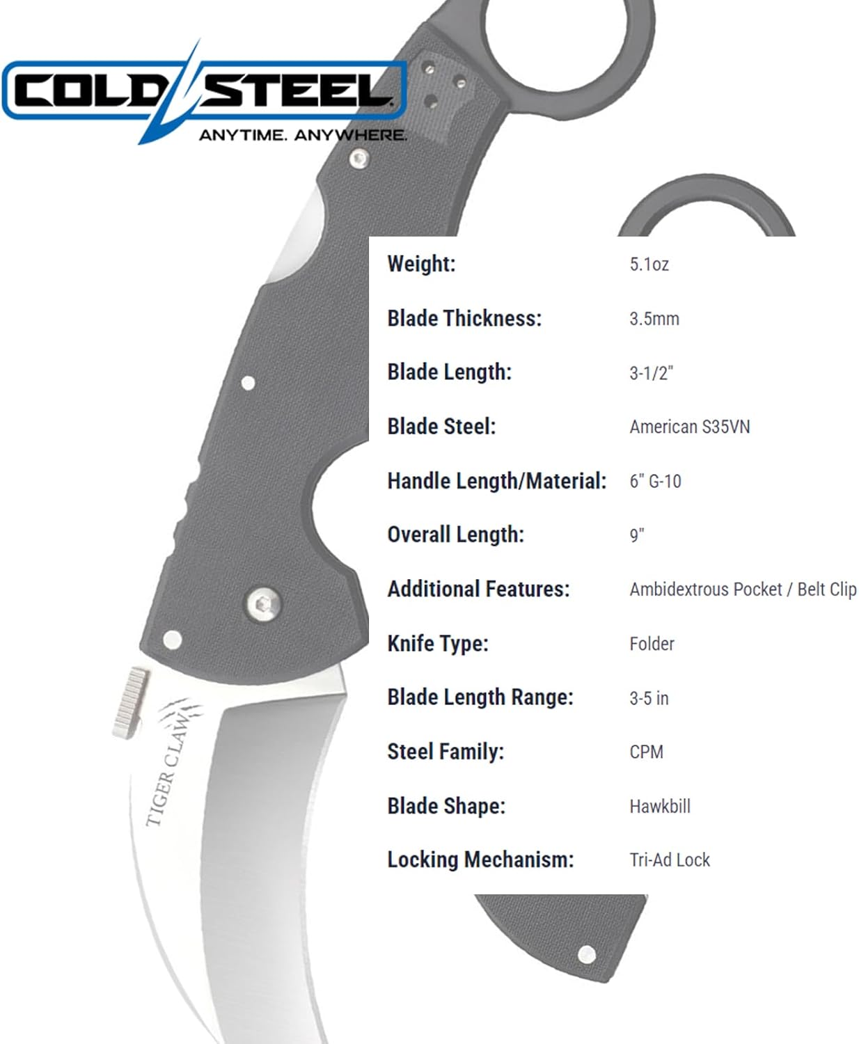 Cold Steel Tiger Claw Hawkbill Folding Knife with S35VN and G-10 Handle