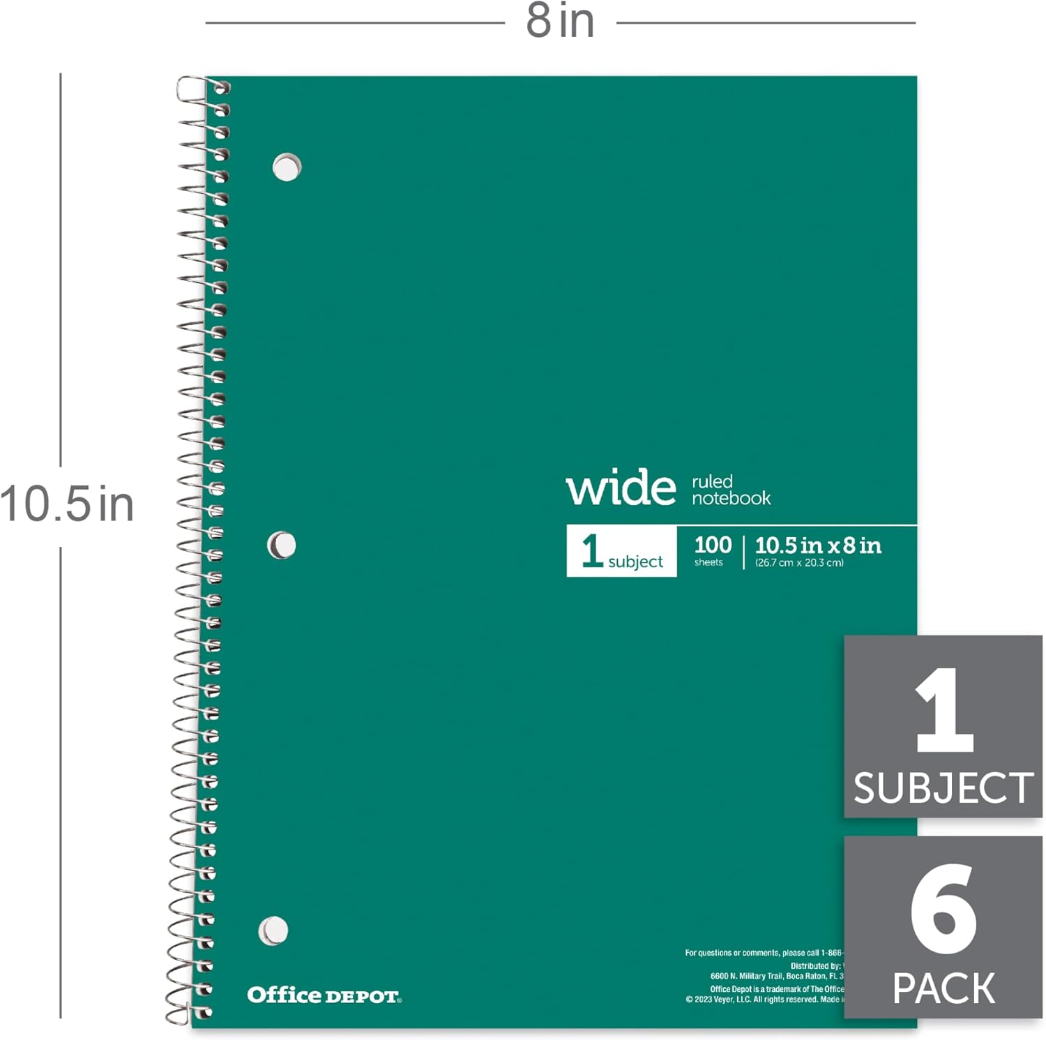 Office Depot® Wirebound Notebooks, 8" x 10-1/2", 1 Subject, Wide Ruled, 100 Sheets, Assorted Colors, Pack Of 6 Notebooks