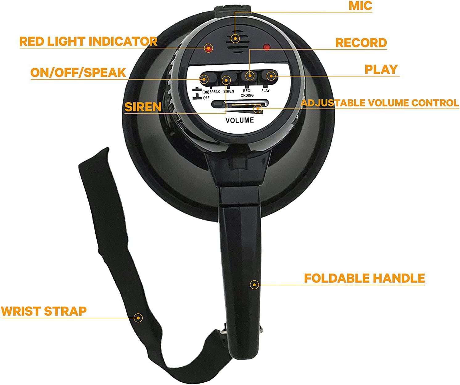 Uzi UZI-MP-204R 15-Watt Megaphone with Siren, Adjustable Volume and Recording Playback, Black