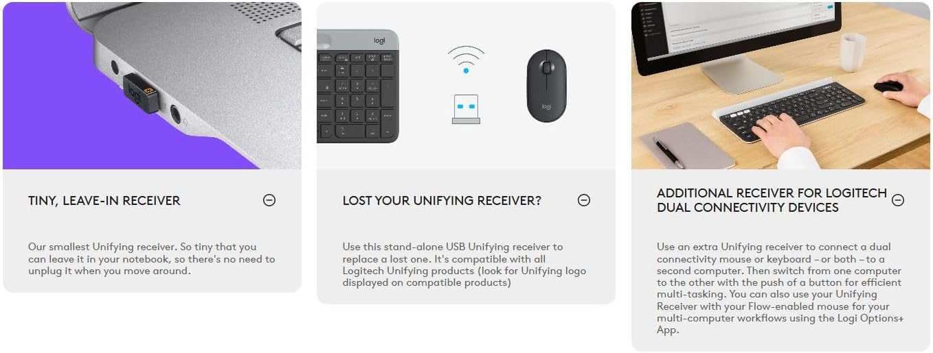 Logitech Unifying Receiver, 2.4 GHz Wireless Technology, USB Plug Compatible with all Logitech Unifying Devices like
